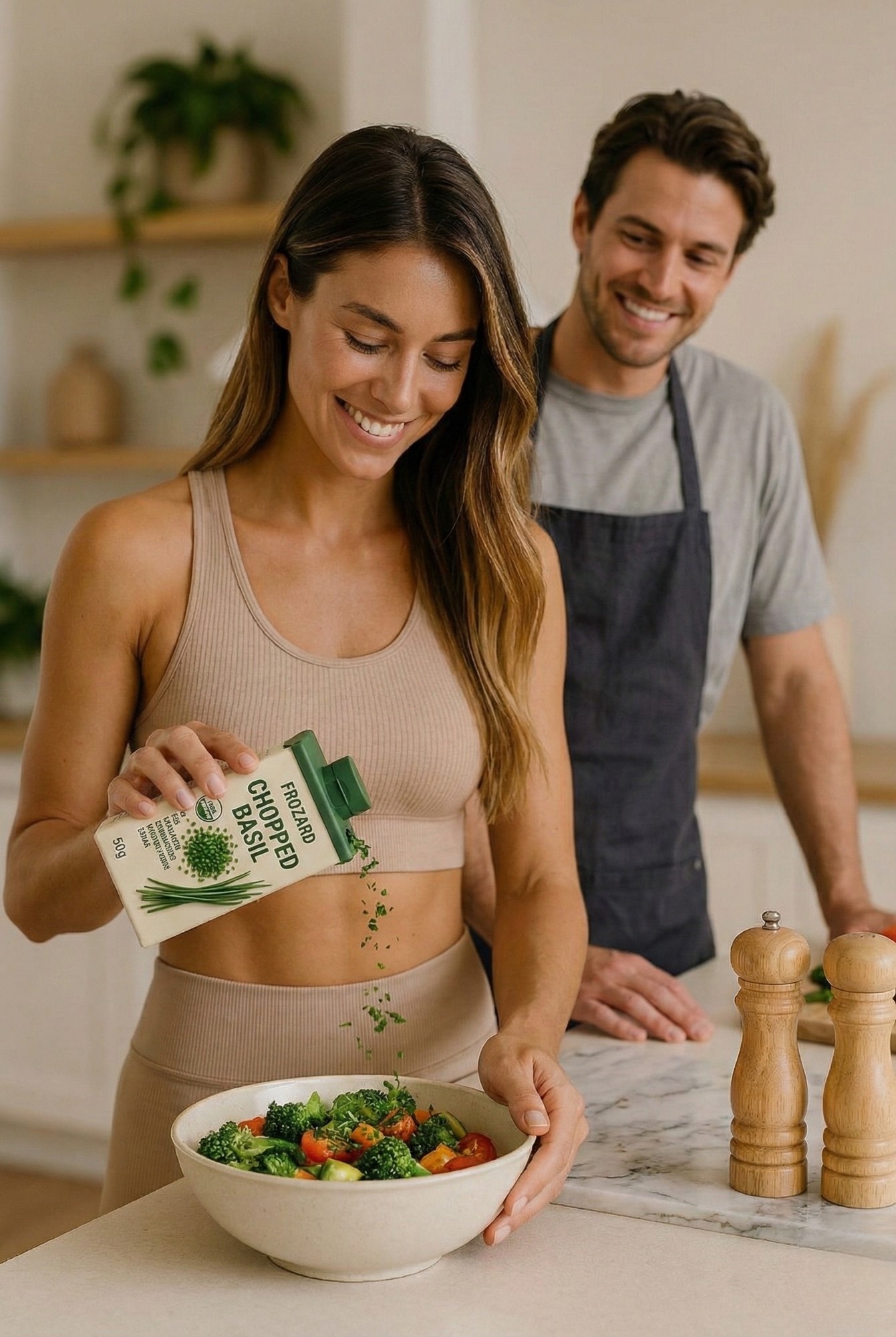 Family enjoying fresh herbs in modern kitchen